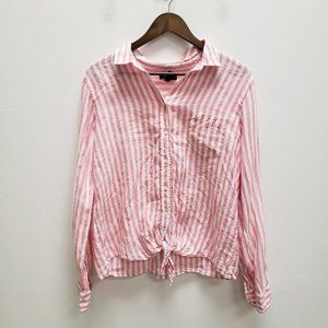 J Crew Womens Tie Front 100% Linen Tunic Top Size M Pink White Stripe Button Up